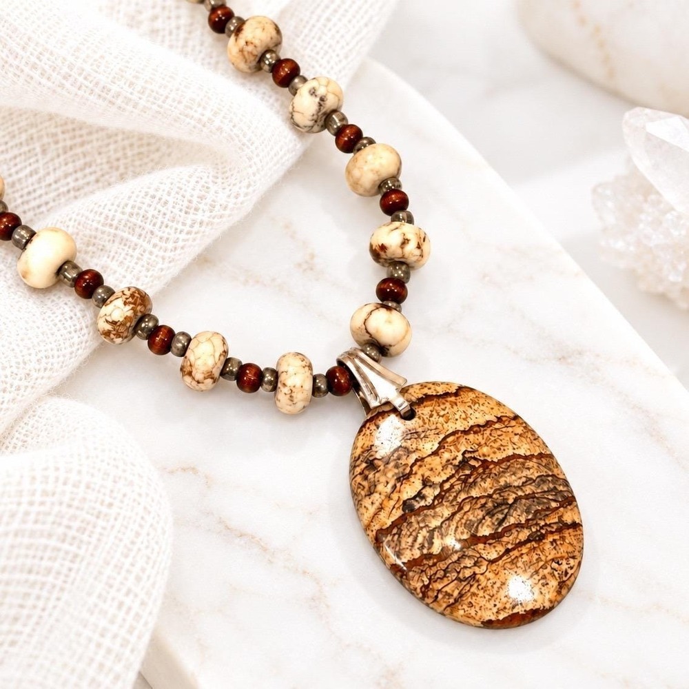 Artisan Vintage Picture Jasper Stone Oval Pendant Necklace Earthy Boho Aesthetic